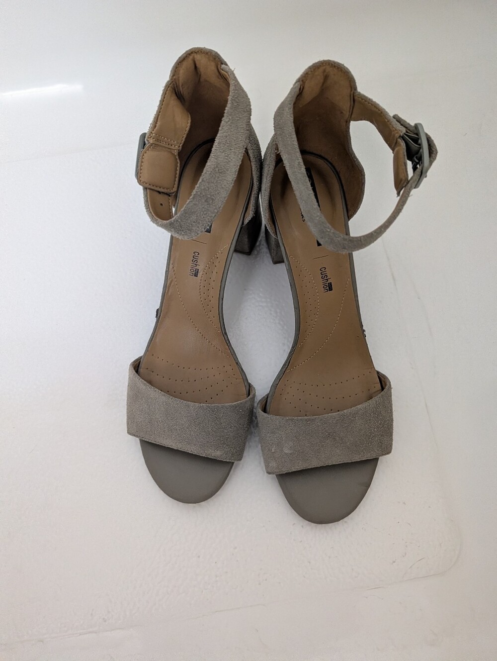 Clarks Gray Suede Ankle-Strap Block Heels 9.5